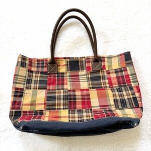 L.L Bean Plaid Patchwork Boat Tote Leather Handle L Bag Vintage Purse RARE Y2K